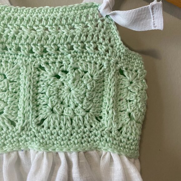 Handmade Baby Size 3 Months Green White Cotton Crochet Linen Bow Dress - Picture 7 of 14